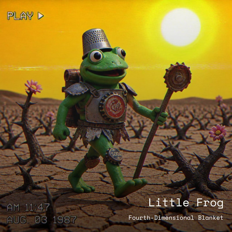 Little Frog cover art — a small clay frog knight in bottle-cap armor crossing a thorn desert under a golden sun